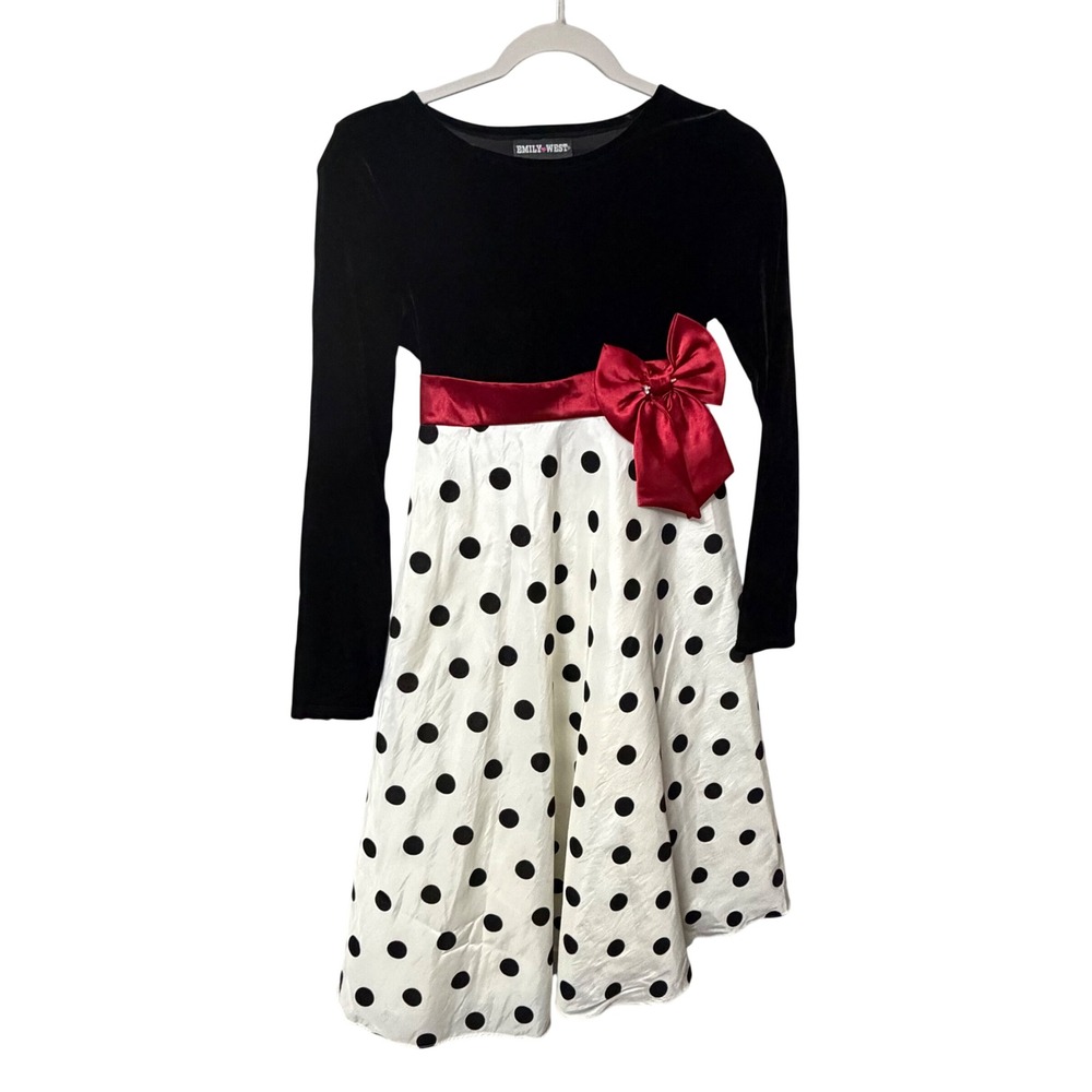 Emily West Girls Black Velvet White Polka Dot Holiday Dress Red Bow Size 16